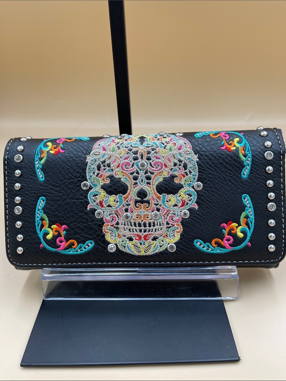 Montana West Vegan Black Embroidered Sugar Skull Wallet with Multicolor Accents - Picture 1 of 5